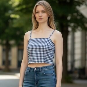 John Galt Gingham Crop Top Womens OS Blue White Tie Back Cami Coquette Melville